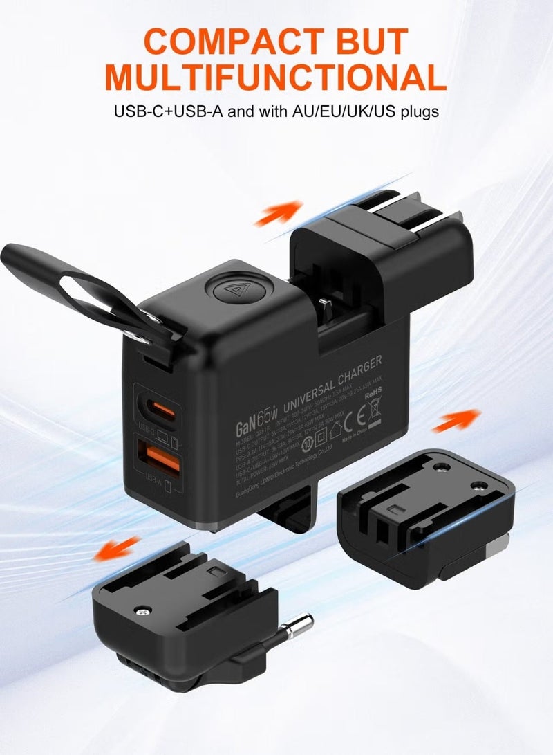 65W GaN Universal Travel Adapter – Multi-Plug Wall Charger (US/UK/EU/AU) with 2-Port USB-C Fast Charging & Type-C Cable – Portable Power Adapter for MacBook, iPhone 16/15, Samsung S26/S25, Dell, HP & Laptops - Image 1