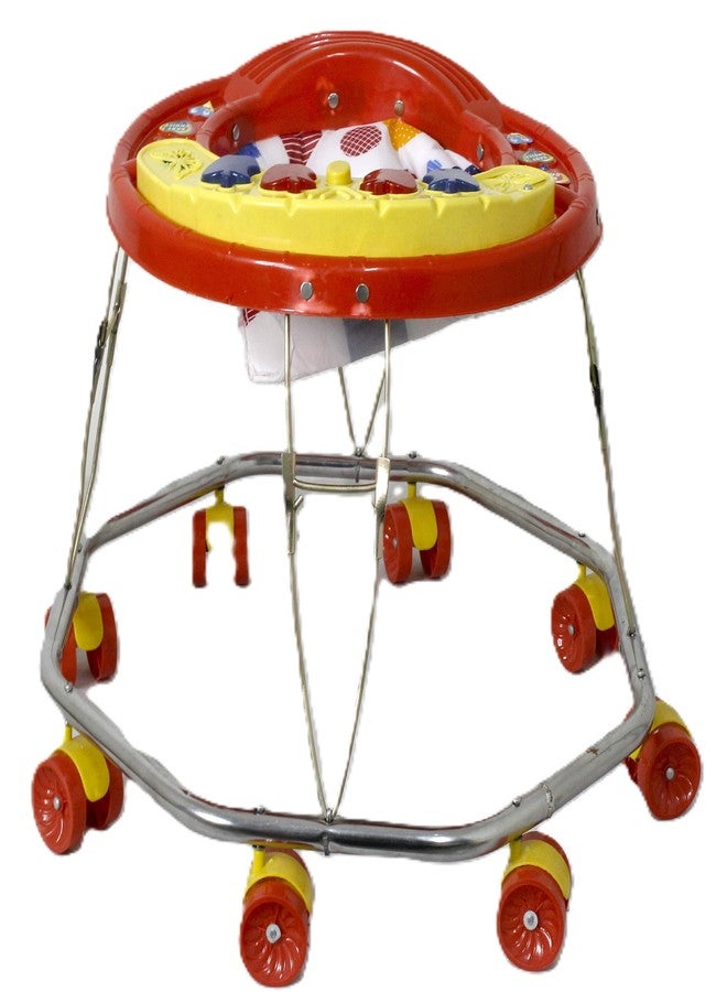 EVOLIFE 8 Bend Steel Frame Baby Walker with Music Tray | Heavy Duty Pipe, Adjustable Height, Comfortable Seat & 360° Rotating Wheels | Walker for 6-18 Months Boys & Girls(Sea Green) (Red) - Image 2