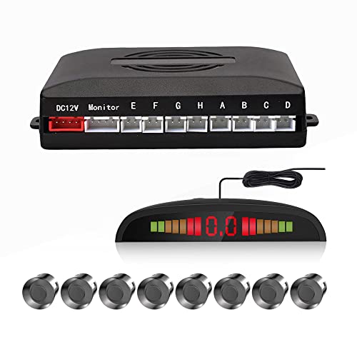 Ekylin Car Auto Reverse Parking Sensor System with 8 Parking Sensors Distance Detection + LED Distance Display + Sound Warning (Gray Color) - Image 1