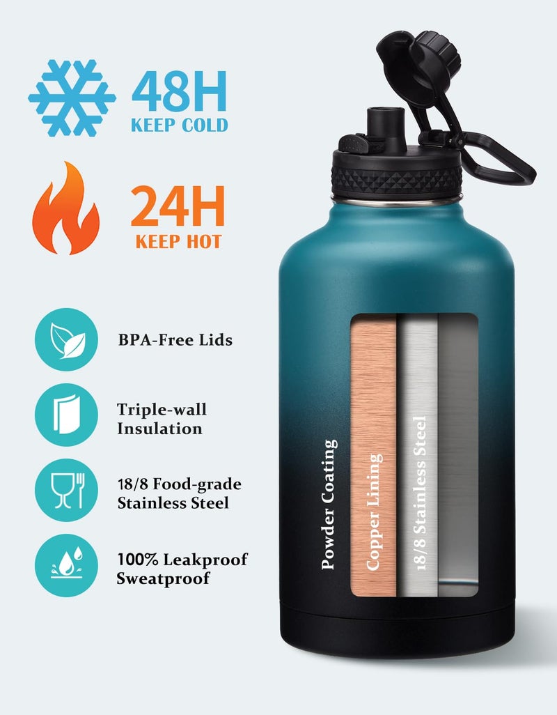 VICKNIY Insulated Water Bottle with Straw - 64oz Stainless Steel Water Bottles with Paracord Handle, 1/2 Gallon Big Water Jug Vacuum Insulated Waterbottle Metal Flask Reusable Double Wall Sport Bottle - Image 2