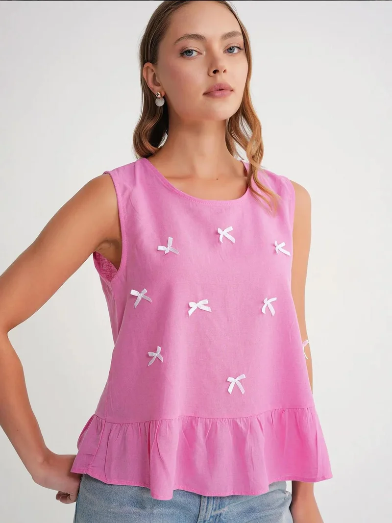 MixRay Mixray Crew Neck Blouse with Bow Detail