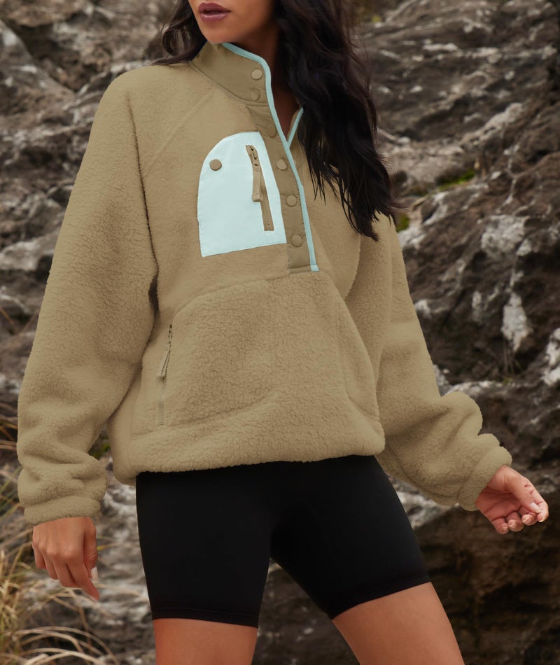 Yanekop Fleece Pullover Women Oversized Button Down Sweatshirts Cozy Fall Sweaters Long Sleeve V Neck Sweaters(Green Mixed,M) - Image 4