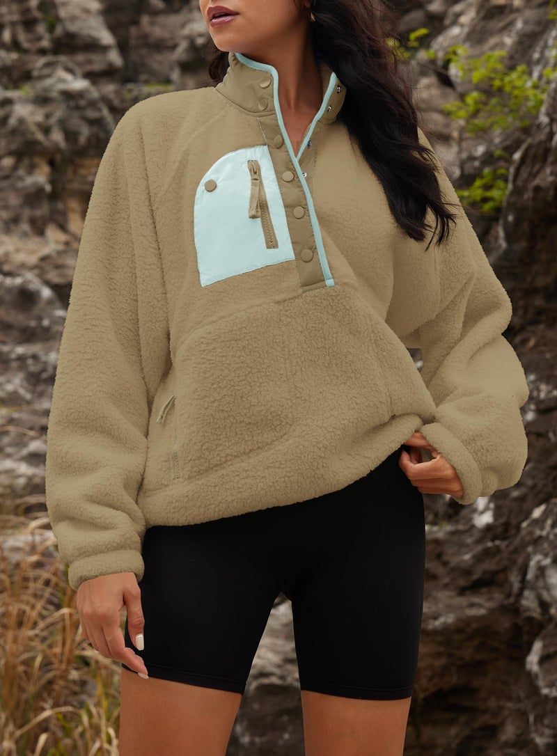 Yanekop Fleece Pullover Women Oversized Button Down Sweatshirts Cozy Fall Sweaters Long Sleeve V Neck Sweaters(Green Mixed,M) - Image 3