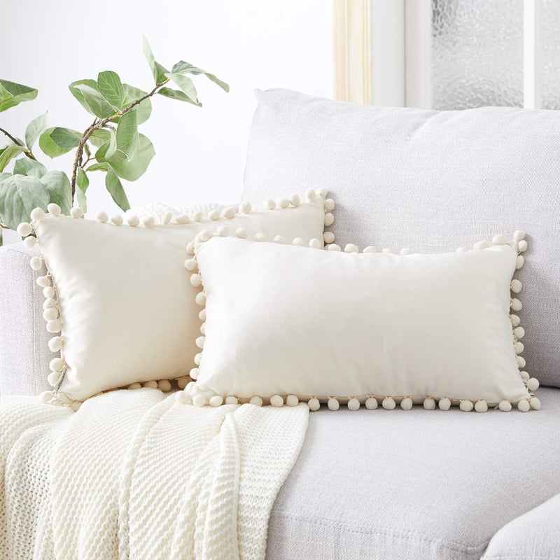 Topfinel Top Finel Cream Lumbar Pillow Covers 12x20 Set of 2  Soft Velvet Throw Pillow Cover with Pom Poms Off White Couch Cushion Covers for Bedroom Livingroom Car Boho Home Decor - Image 1