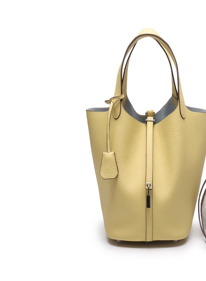 Loquat Litchi Grain Top Layer Cow Skin Bucket Bag Yellow  - Image 2