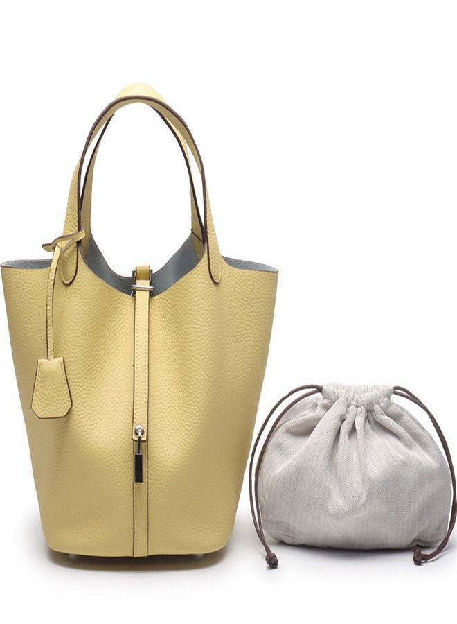 Loquat Litchi Grain Top Layer Cow Skin Bucket Bag Yellow  - Image 1