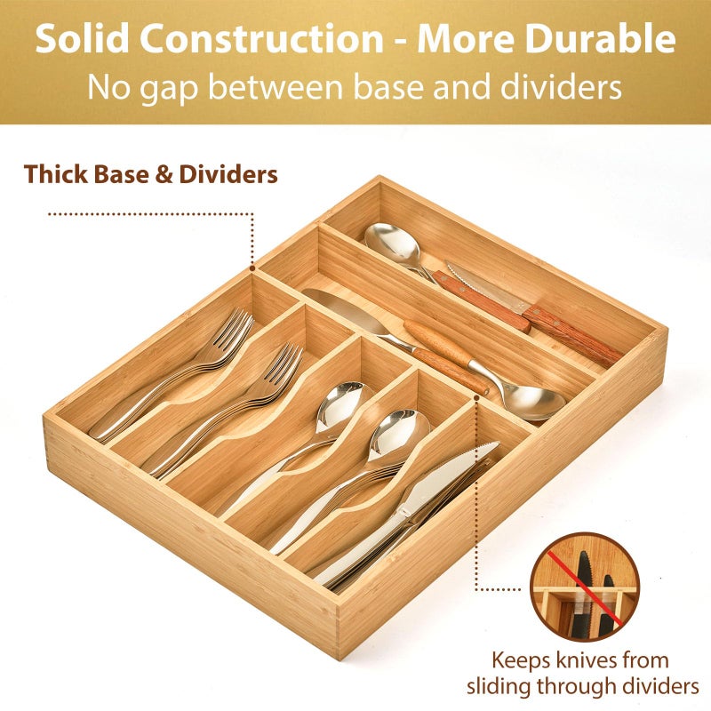 Umilife Bamboo Kitchen Drawer Organizer, 13 Inch Silverware Utensil Tray Holder, Extra Deep Grooved Drawer Divider, 7 Slots Total Bamboo Wood Caddy for Flatware Cutlery Knives, Forks, Spoons - Image 4