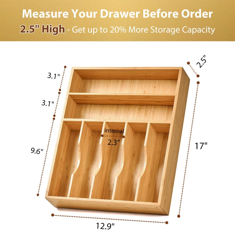 Umilife Bamboo Kitchen Drawer Organizer, 13 Inch Silverware Utensil Tray Holder, Extra Deep Grooved Drawer Divider, 7 Slots Total Bamboo Wood Caddy for Flatware Cutlery Knives, Forks, Spoons - Image 3