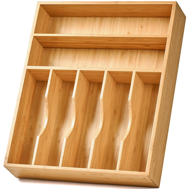 Umilife Bamboo Kitchen Drawer Organizer, 13 Inch Silverware Utensil Tray Holder, Extra Deep Grooved Drawer Divider, 7 Slots Total Bamboo Wood Caddy for Flatware Cutlery Knives, Forks, Spoons - Image 1