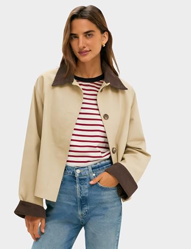 Lviefent Womens Contrast Collar Jacket Casual Button Down Long Sleeves Crop Trench Coat Outerwear with Pockets (Khaki-M) - Image 2