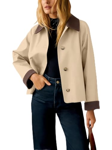 Lviefent Womens Contrast Collar Jacket Casual Button Down Long Sleeves Crop Trench Coat Outerwear with Pockets (Khaki-M) - Image 1