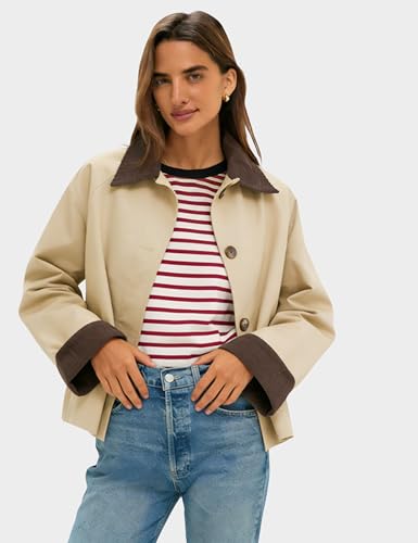 Lviefent Womens Contrast Collar Jacket Casual Button Down Long Sleeves Crop Trench Coat Outerwear with Pockets (Khaki-M) - Image 3