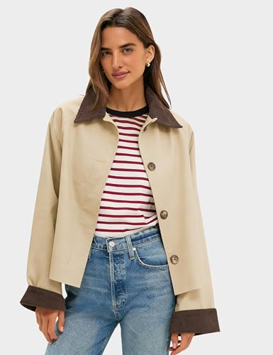 Lviefent Womens Contrast Collar Jacket Casual Button Down Long Sleeves Crop Trench Coat Outerwear with Pockets (Khaki-M) - Image 4
