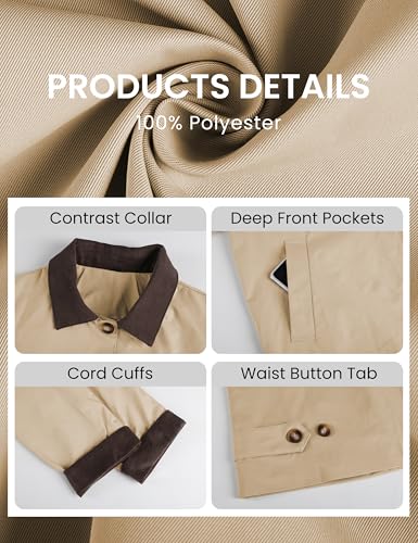 Lviefent Womens Contrast Collar Jacket Casual Button Down Long Sleeves Crop Trench Coat Outerwear with Pockets (Khaki-M) - Image 5