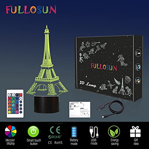 FULLOSUN Eiffel Tower Nightlight 3D Illusion Lamp Visual Bedroom Decoration LED Lamp with Remote Control 16 Color Changing Paris Fashion Style Acrylic Gifts for Birthday Xmas - Image 4
