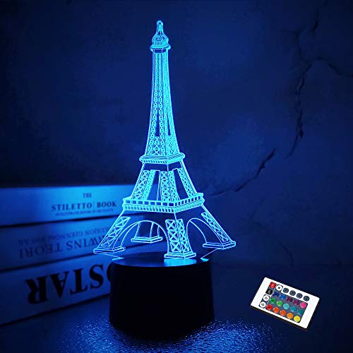FULLOSUN Eiffel Tower Nightlight 3D Illusion Lamp Visual Bedroom Decoration LED Lamp with Remote Control 16 Color Changing Paris Fashion Style Acrylic Gifts for Birthday Xmas - Image 1