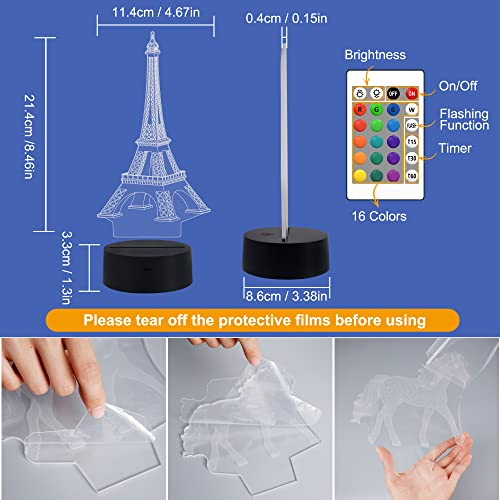 FULLOSUN Eiffel Tower Nightlight 3D Illusion Lamp Visual Bedroom Decoration LED Lamp with Remote Control 16 Color Changing Paris Fashion Style Acrylic Gifts for Birthday Xmas - Image 3