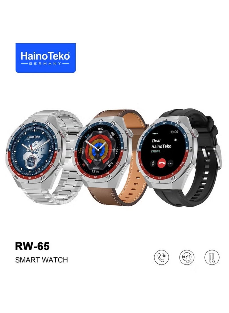 Haino Teko HainoTeko GT5 Pro Smartwatch RW-65 with Large Screen AMOLED Display Built-In Voice Assistant 3 Pair Premium Quality Straps and Charging Cable Designed For Men Silver - Image 1
