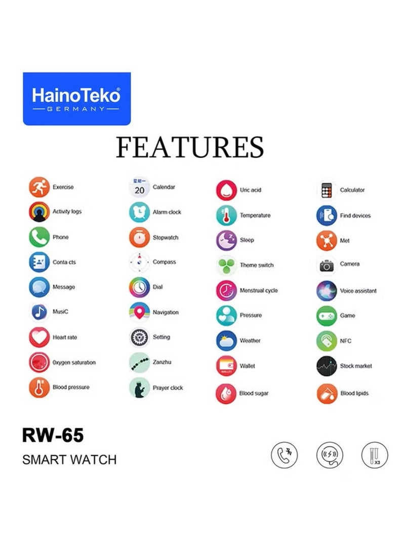 Haino Teko HainoTeko GT5 Pro Smartwatch RW-65 with Large Screen AMOLED Display Built-In Voice Assistant 3 Pair Premium Quality Straps and Charging Cable Designed For Men Silver - Image 5