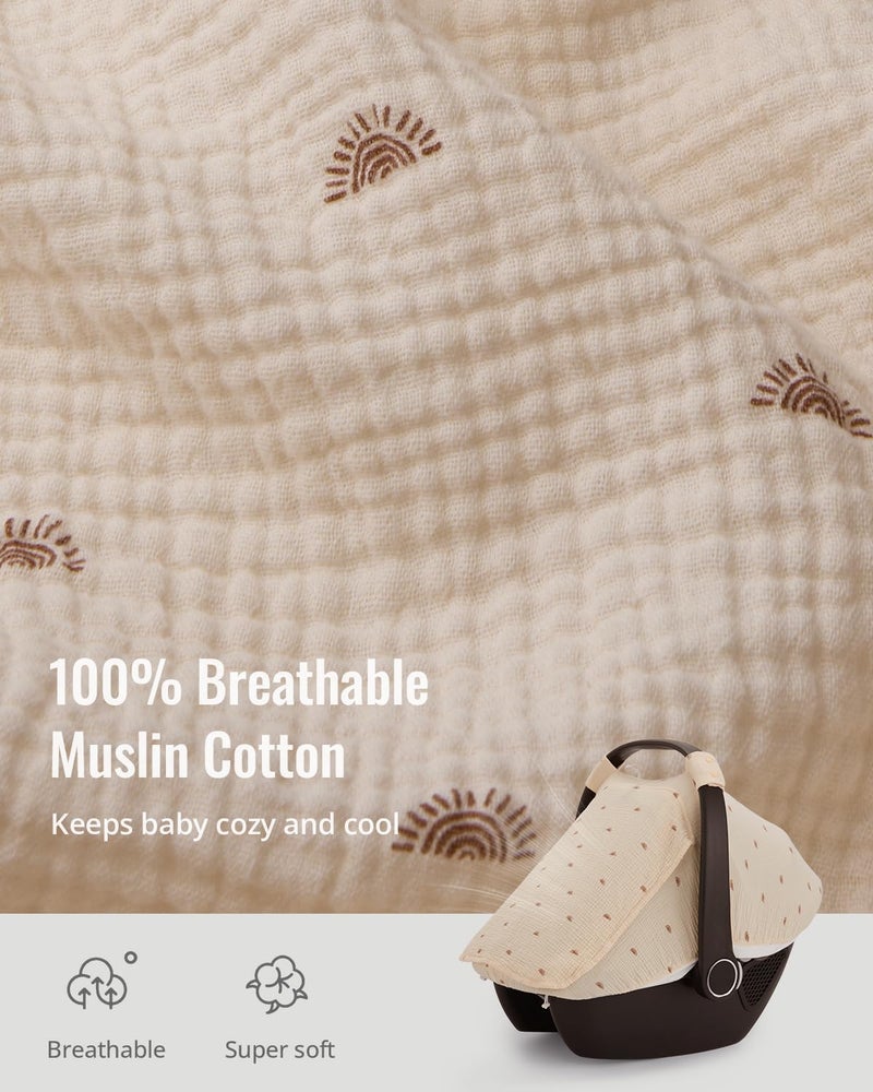 Blissful Diary Baby Car Seat Cover, Extra Large Mesh Window, Breathable Muslin Cotton, Infant Windproof Canopy, Must-Have Baby Gift - Sunshine - Image 2