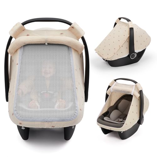 Blissful Diary Baby Car Seat Cover, Extra Large Mesh Window, Breathable Muslin Cotton, Infant Windproof Canopy, Must-Have Baby Gift - Sunshine - Image 1