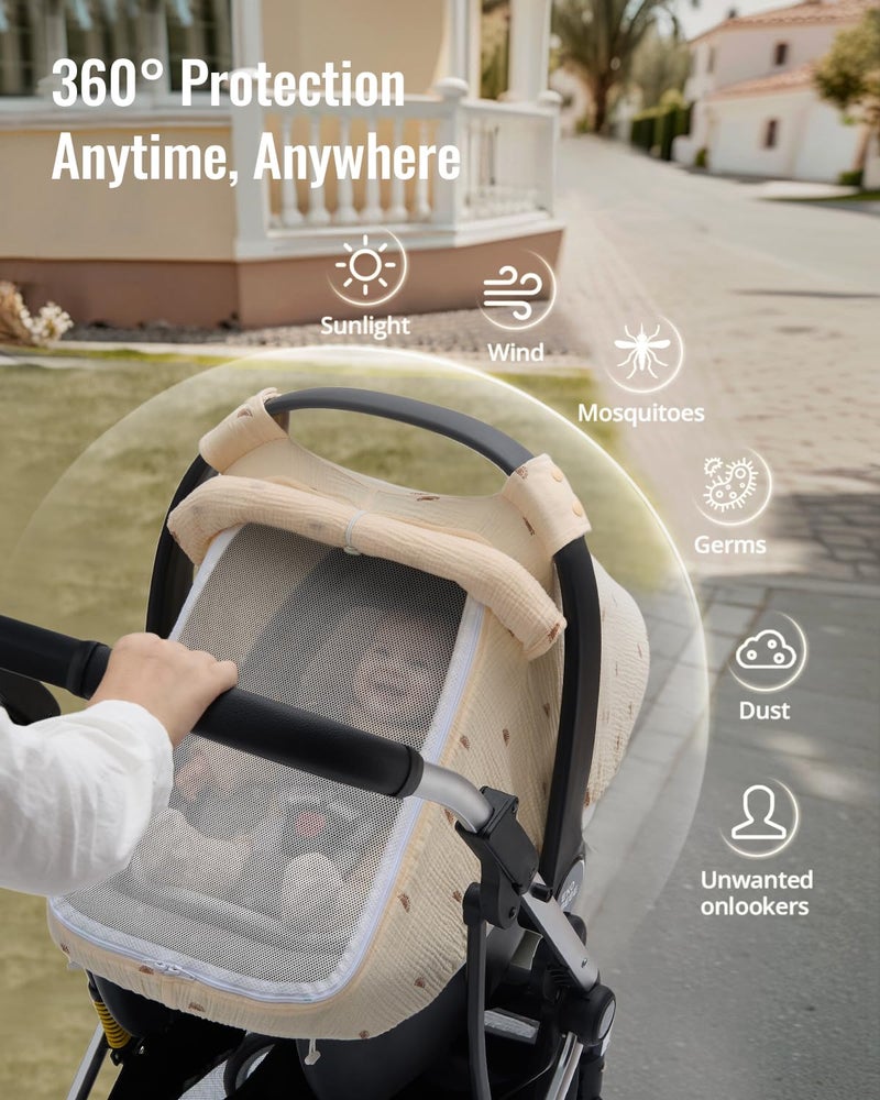 Blissful Diary Baby Car Seat Cover, Extra Large Mesh Window, Breathable Muslin Cotton, Infant Windproof Canopy, Must-Have Baby Gift - Sunshine - Image 3