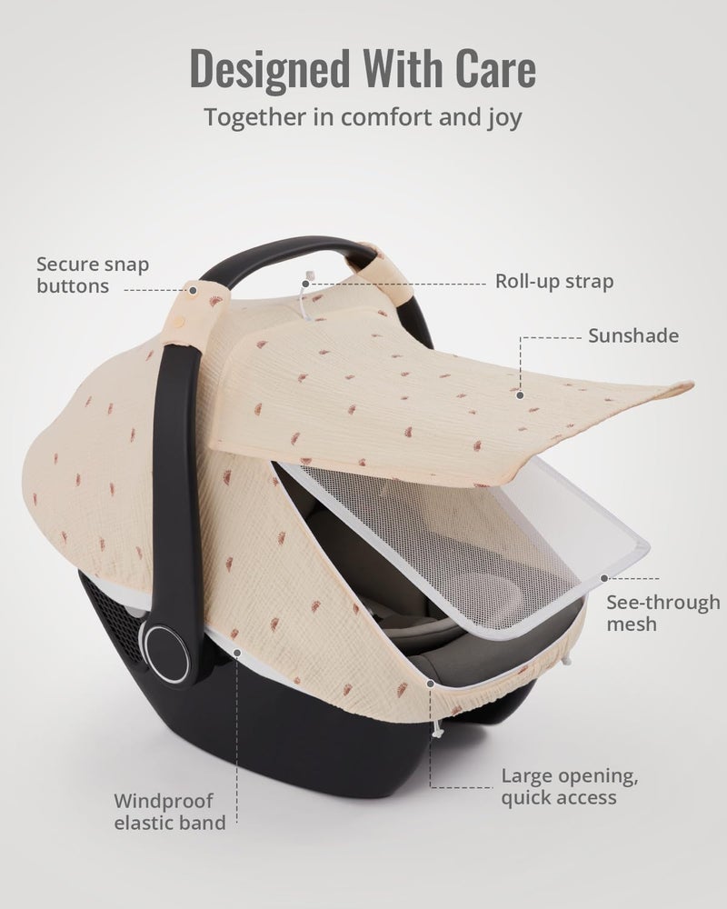 Blissful Diary Baby Car Seat Cover, Extra Large Mesh Window, Breathable Muslin Cotton, Infant Windproof Canopy, Must-Have Baby Gift - Sunshine - Image 4