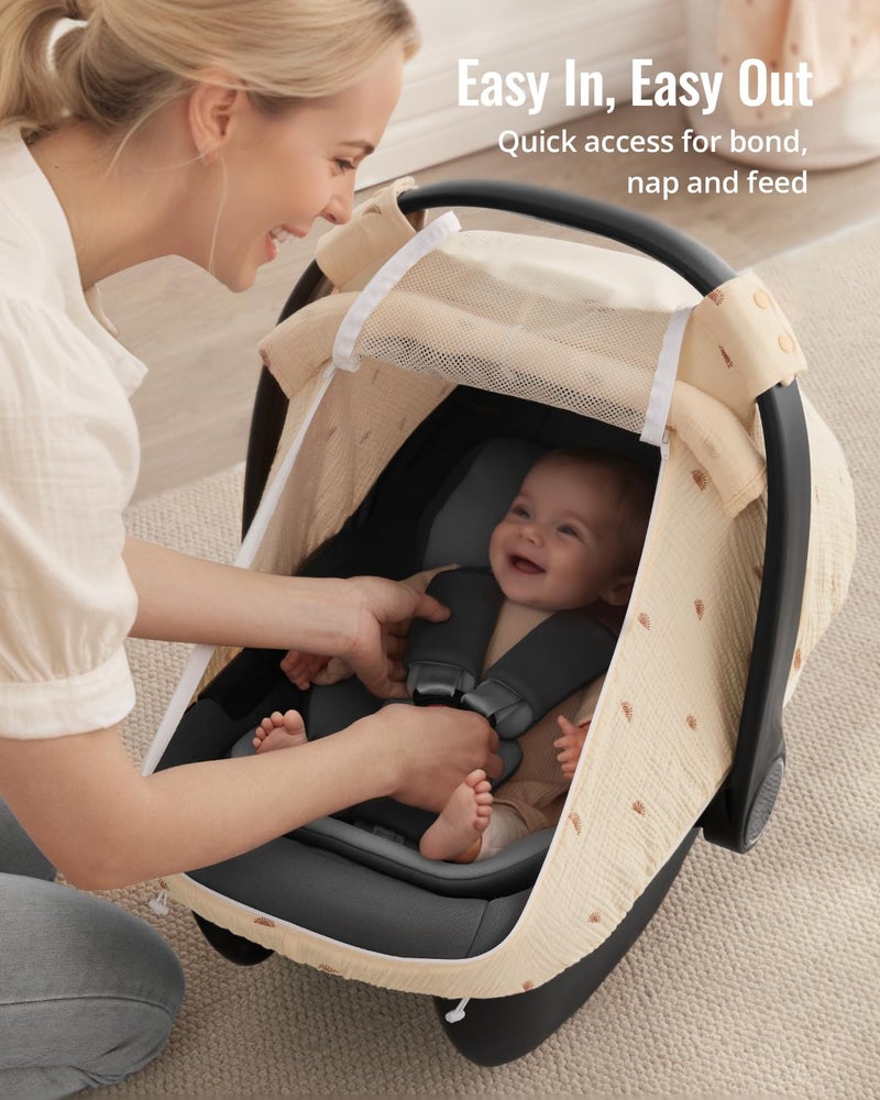 Blissful Diary Baby Car Seat Cover, Extra Large Mesh Window, Breathable Muslin Cotton, Infant Windproof Canopy, Must-Have Baby Gift - Sunshine - Image 5