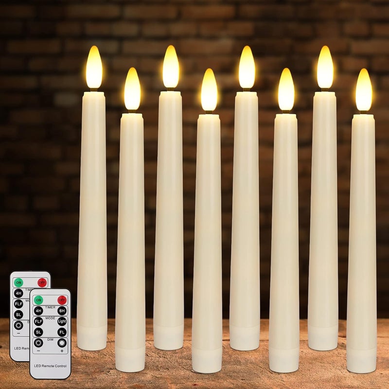FPOO 8PCS Flameless Flickering Taper Candles with 2 Remote Control and Timer, 8 Inch 3D Wick Floating Flickering Flame, Battery Operated LED Window Candle Lights, Christmas Home Wedding Decor (Ivory) - Image 1