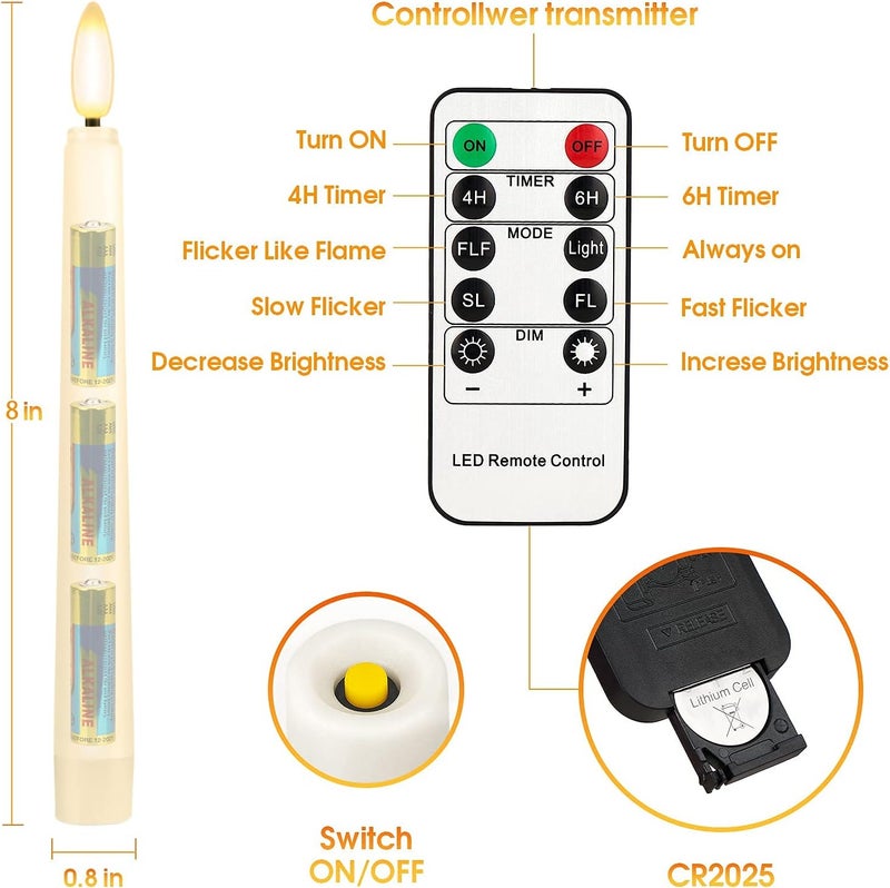 FPOO 8PCS Flameless Flickering Taper Candles with 2 Remote Control and Timer, 8 Inch 3D Wick Floating Flickering Flame, Battery Operated LED Window Candle Lights, Christmas Home Wedding Decor (Ivory) - Image 5