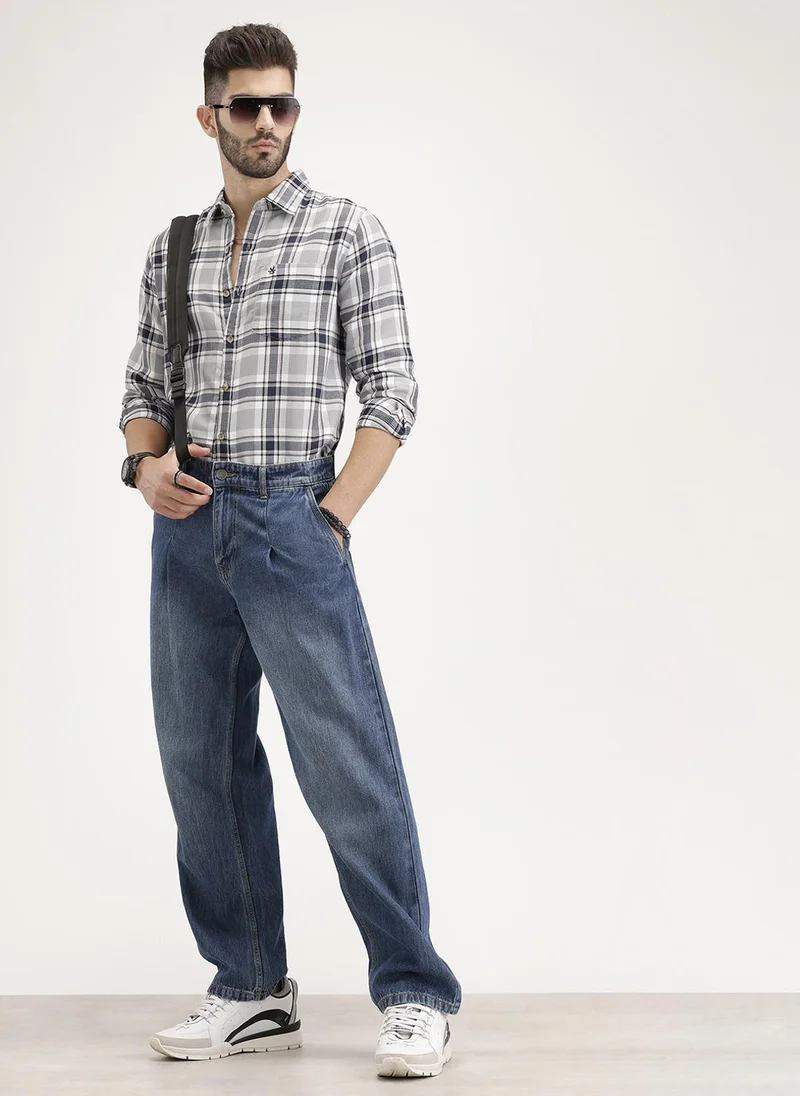 روجن Regular Fit Textured Checkered Shirt | Blue