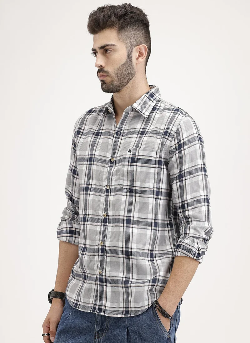 روجن Regular Fit Textured Checkered Shirt | Blue
