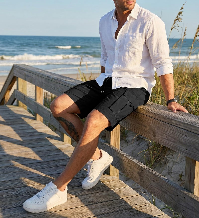 JMIERR Mens Shorts Casual Stretch Classic Drawstring Summer Work Hiking Outdoor Cargo Shorts with Pocket,US 40(2XL),Black - Image 5