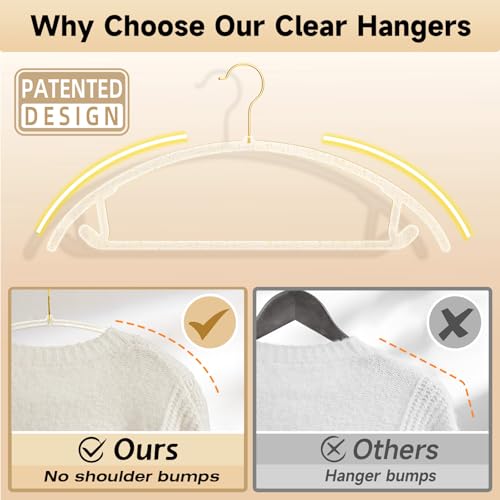 MIZGI Premium Clear Hangers with Gold Glitter (50-Pack) - Heavy-Duty Acrylic Suit Hangers with Gold Hooks - No Shoulder Bump Space Saving Clothes Hangers for Jackets, Coats, Dresses - Image 3
