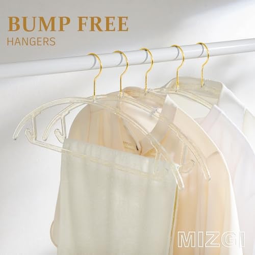 MIZGI Premium Clear Hangers with Gold Glitter (50-Pack) - Heavy-Duty Acrylic Suit Hangers with Gold Hooks - No Shoulder Bump Space Saving Clothes Hangers for Jackets, Coats, Dresses - Image 2