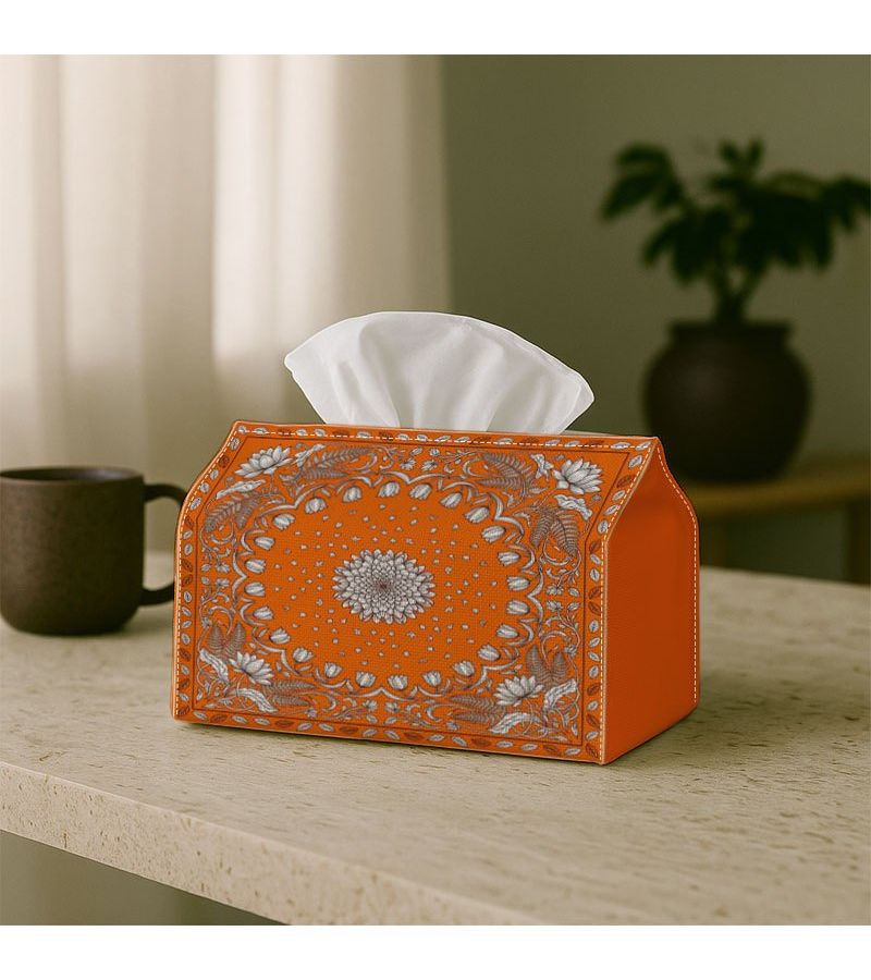 Mandala Floral Tissue Box Holder 23cm Orange Polyester For Home Office Car - Image 2