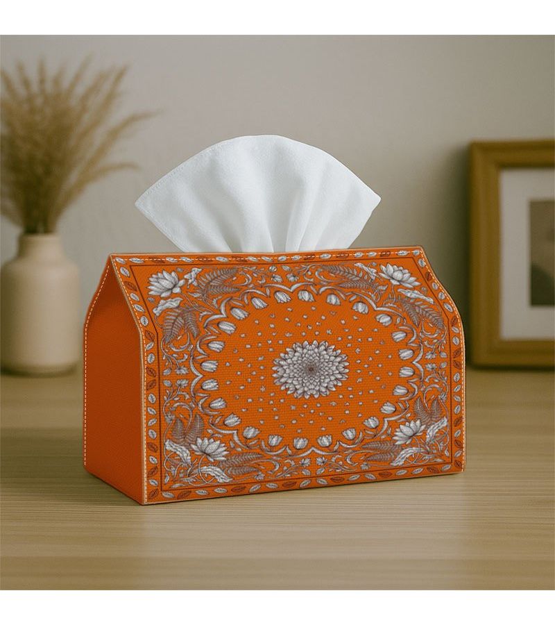 Mandala Floral Tissue Box Holder 23cm Orange Polyester For Home Office Car - Image 5