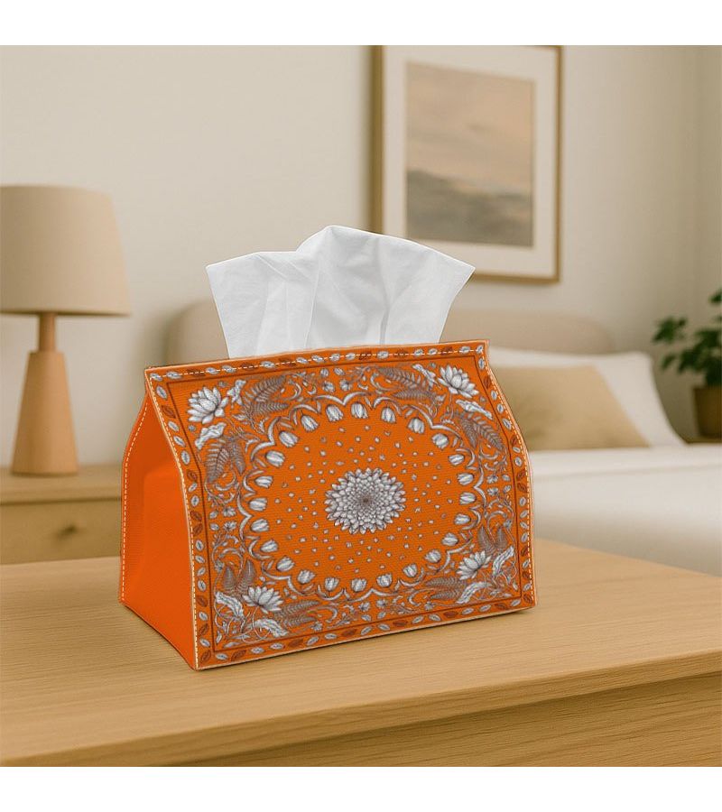 Mandala Floral Tissue Box Holder 23cm Orange Polyester For Home Office Car - Image 1