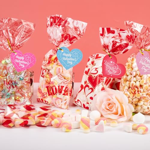 CUDICY Valentine Treat Bags 5x11 with 120PCS Gift Tags Heart 120PCS Cellophane Bags for Cookie Candy Goodie Party Favors, Valentines Day Birthday Wedding Supplies - Image 3