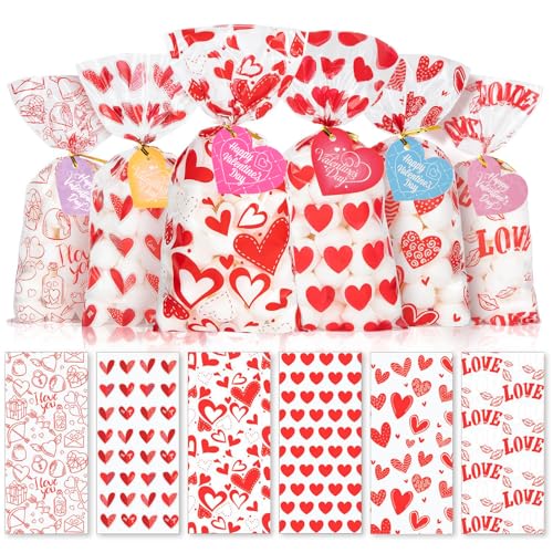 CUDICY Valentine Treat Bags 5x11 with 120PCS Gift Tags Heart 120PCS Cellophane Bags for Cookie Candy Goodie Party Favors, Valentines Day Birthday Wedding Supplies - Image 1