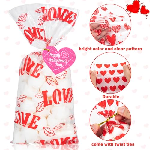 CUDICY Valentine Treat Bags 5x11 with 120PCS Gift Tags Heart 120PCS Cellophane Bags for Cookie Candy Goodie Party Favors, Valentines Day Birthday Wedding Supplies - Image 4