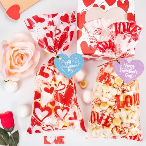 CUDICY Valentine Treat Bags 5x11 with 120PCS Gift Tags Heart 120PCS Cellophane Bags for Cookie Candy Goodie Party Favors, Valentines Day Birthday Wedding Supplies - Image 5