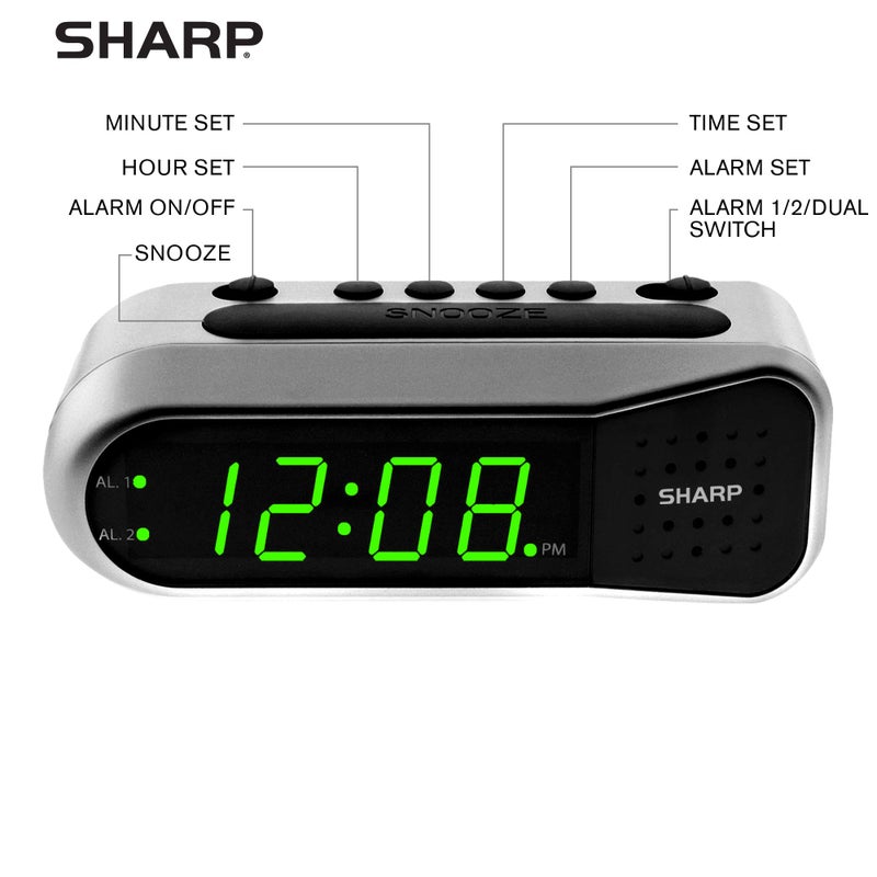 Sharp Digital Alarm Clock - Ascending Alarm Begins Faintly and Grows Increasing Louder, Gentle Wake Up Experience, Dual Alarm - Battery Back-up, Easy to Use with Simple Operation (Brushed Silver) - Image 3