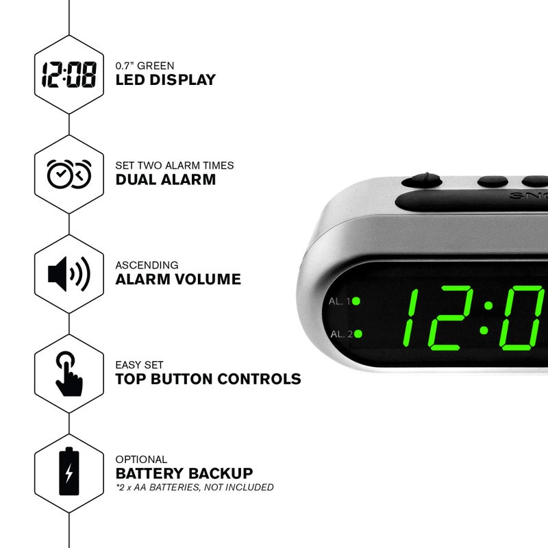 Sharp Digital Alarm Clock - Ascending Alarm Begins Faintly and Grows Increasing Louder, Gentle Wake Up Experience, Dual Alarm - Battery Back-up, Easy to Use with Simple Operation (Brushed Silver) - Image 2