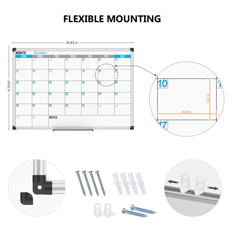 XBoard Magnetic Calendar Whiteboard 36" x 24" - Monthly Calendar Dry Erase Board, Reusable Colorful Calendar Board, Silver Aluminium Framed Monthly Planning Board - Image 4