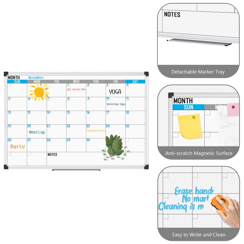 XBoard Magnetic Calendar Whiteboard 36" x 24" - Monthly Calendar Dry Erase Board, Reusable Colorful Calendar Board, Silver Aluminium Framed Monthly Planning Board - Image 3