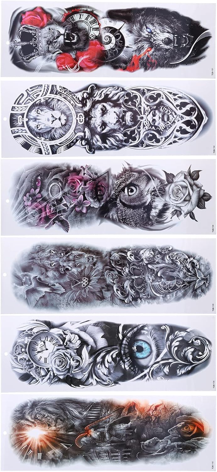 6 Sheets Temporary Tattoos Stickers ANGGREK Full Sleeve Watrproof Extra Large Full Arm Fake Tattoos Stickers for Women Men