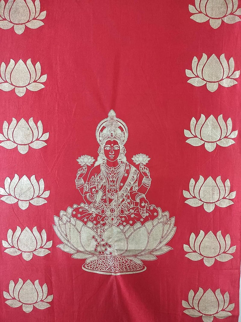 ZESTENTER ZestEnter Golden Print Lakshmi Devi Background Cloth with Lotus Design for Varalakshmi Vratham Pooja Decorations House Warming Functions  - Image 4