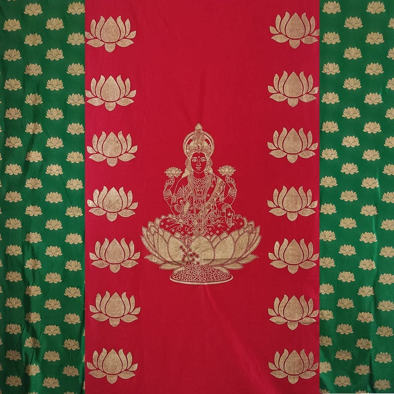 ZESTENTER ZestEnter Golden Print Lakshmi Devi Background Cloth with Lotus Design for Varalakshmi Vratham Pooja Decorations House Warming Functions  - Image 1