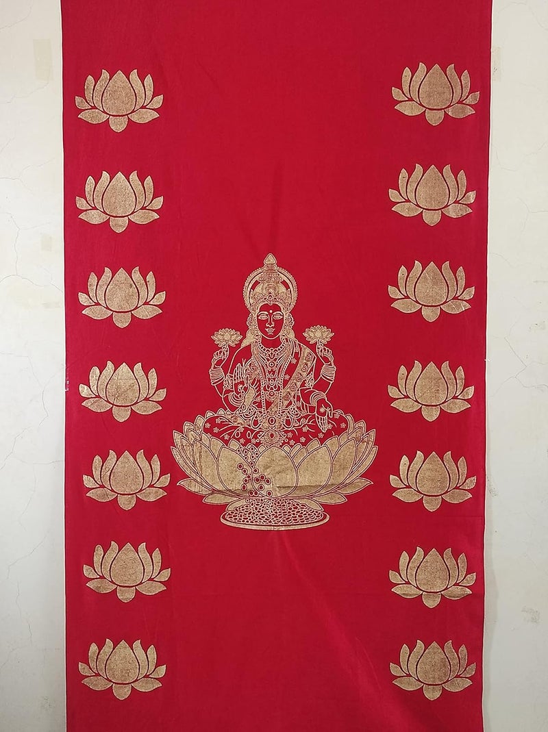 ZESTENTER ZestEnter Golden Print Lakshmi Devi Background Cloth with Lotus Design for Varalakshmi Vratham Pooja Decorations House Warming Functions  - Image 3